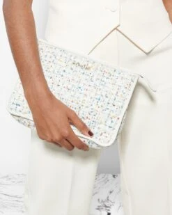 White Boucle Metro Clutch