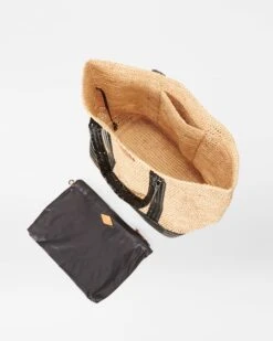 Raffia/Black Lacquer Large Raffia Tote -Fashion Trend Bag Store 1472N1946 A3