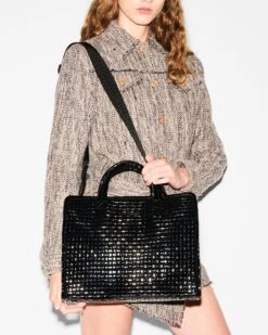 Black Lacquer Medium Woven Box Tote 9 Black Lacquer Medium Woven Box Tote -Fashion Trend Bag Store 1495N1742 A11